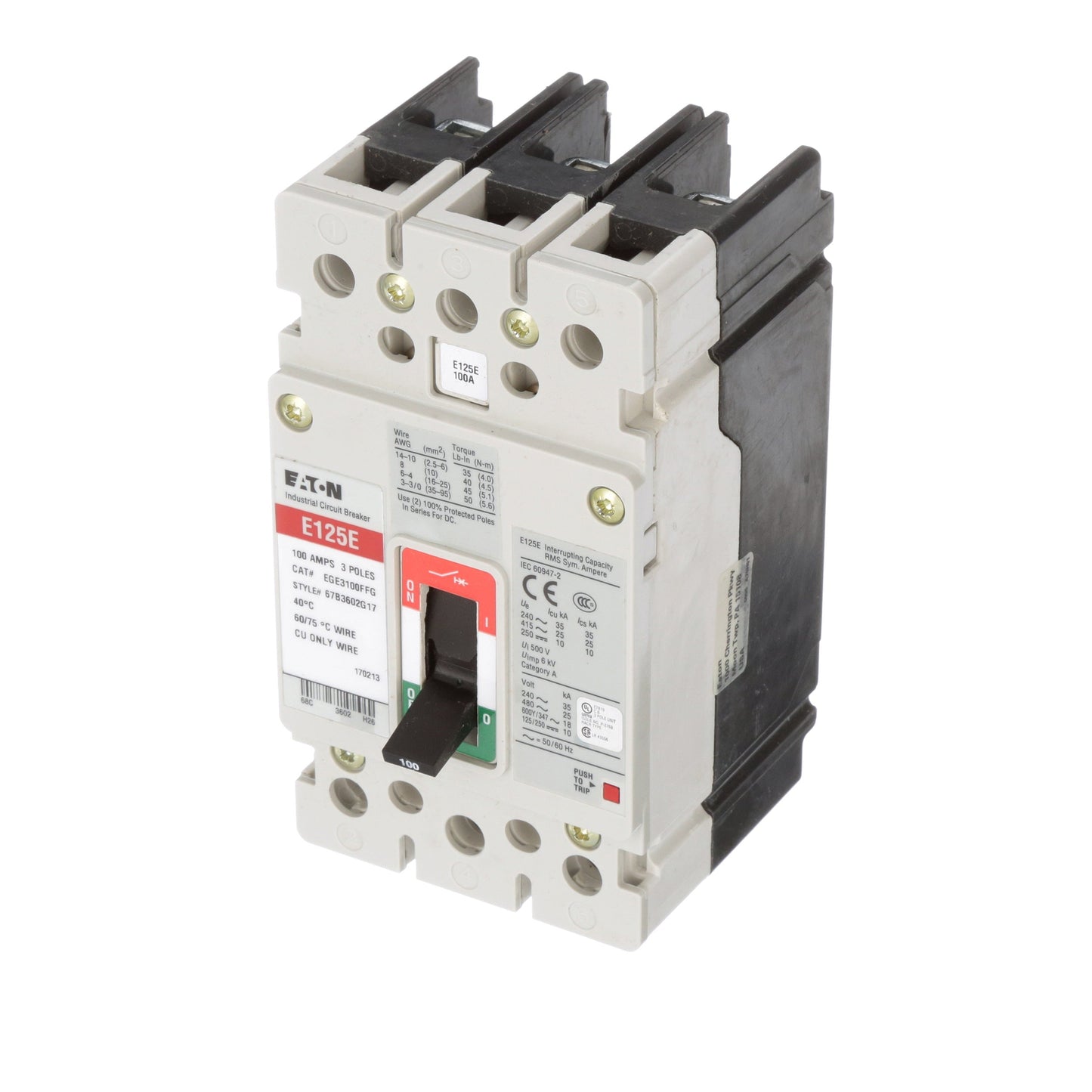 Cutler Hammer EGE3100FFG Molded Case Circuit Breaker | 600V 100A 3P 25kA@480V Bolt-On Series G