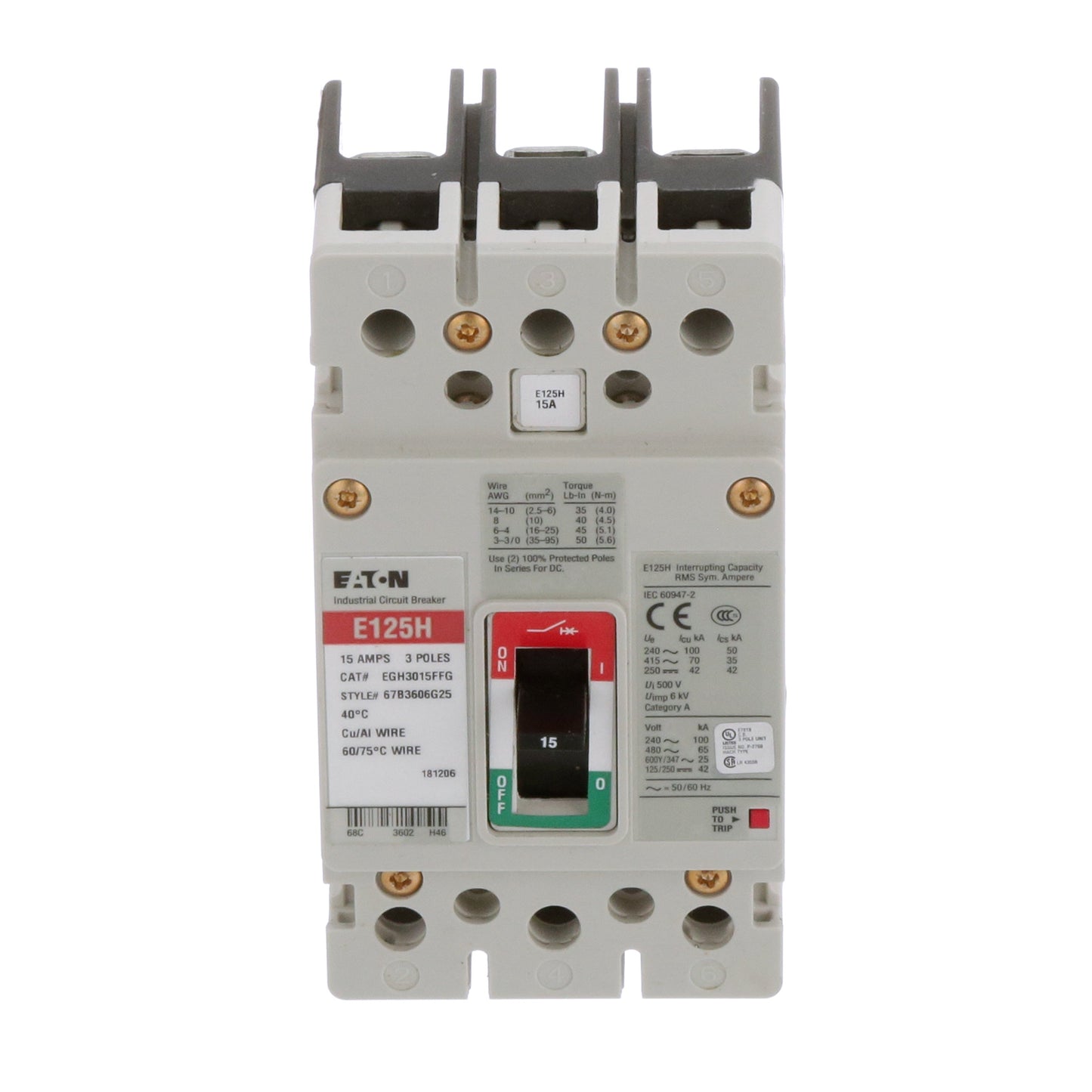 Cutler Hammer EGH3015FFG Molded Case Circuit Breaker | 600V 15A 3P 65kA@480V Bolt-On Series G