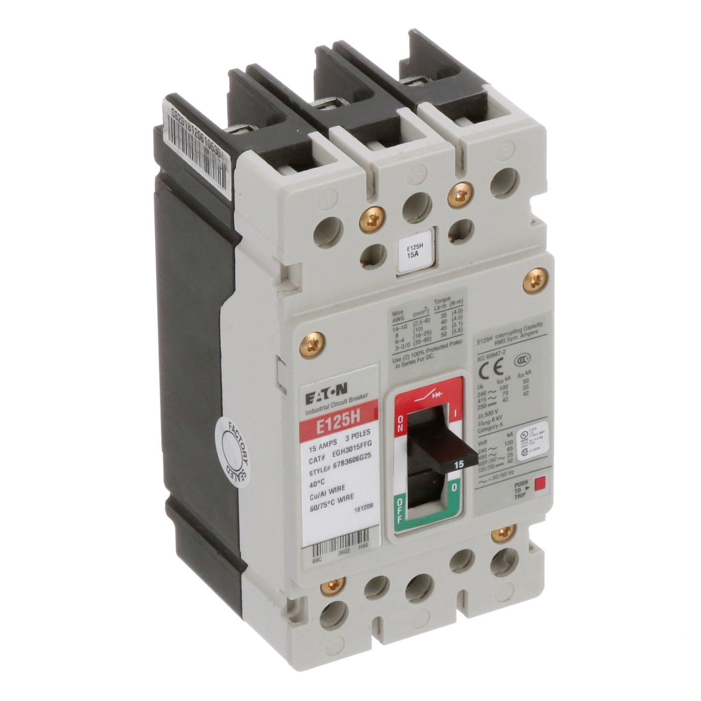 Cutler Hammer EGH3015FFG Molded Case Circuit Breaker | 600V 15A 3P 65kA@480V Bolt-On Series G