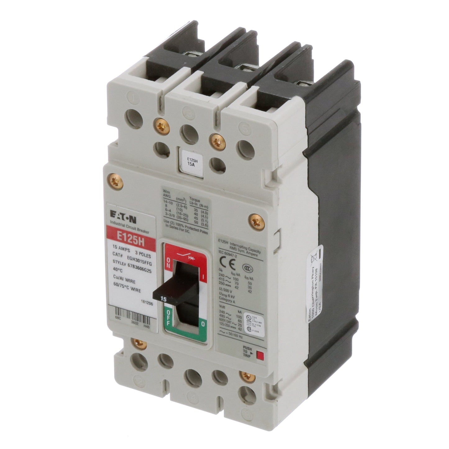 Cutler Hammer EGH3015FFG Molded Case Circuit Breaker | 600V 15A 3P 65kA@480V Bolt-On Series G