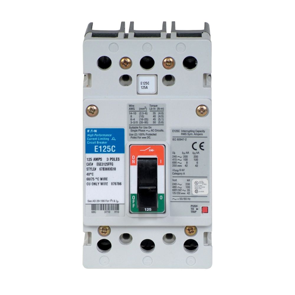 Cutler Hammer EGS3125FFB Circuit Breaker | 600V 125A 3P 35kA@480V Bolt-On Series G