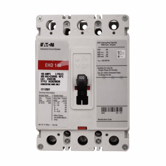 EHD3100KLD08BP10 Cutler Hammer Molded Case Circuit Breaker Series C 100A 480V - Essential Electric Supply