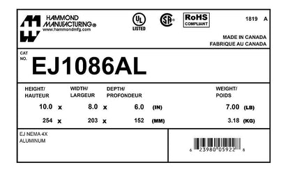 Hammond EJ1086AL Circuit Breaker Enclosure | UL 508A Type 3R 4 4X 12 13 CSA NEMA Type 3R 4 4X 12 13 IEC 60529 IP66