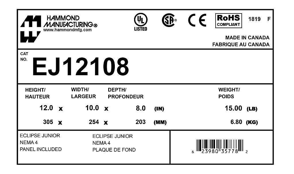 Hammond EJ12108 Circuit Breaker Enclosure | UL 508A Type 3R 4 12 13 Eclipse Junior