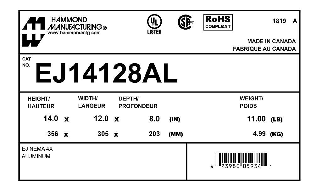 Hammond EJ14128AL Circuit Breaker Enclosure | UL 508A Type 3R 4 4X 12 13 CSA Type 3R 4 4X 12 13 NEMA Type 3R 4 4X 12 13 IEC 60529 IP66
