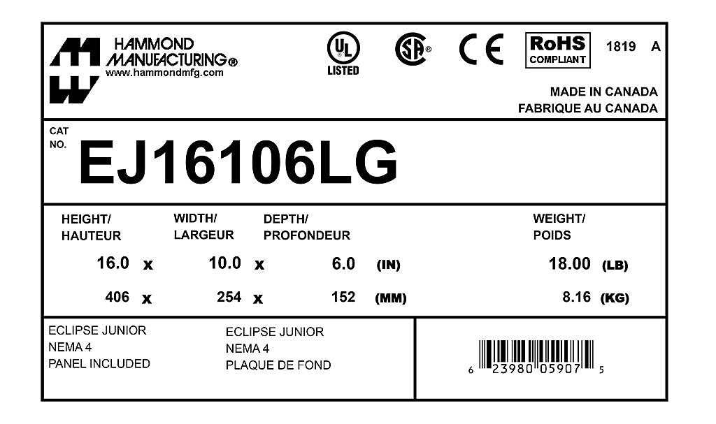 Hammond EJ16106LG Circuit Breaker Enclosure | UL 508A Type 3R 4 12 13 CSA NEMA Type 3R 4 12 13 IEC 60529 IP66