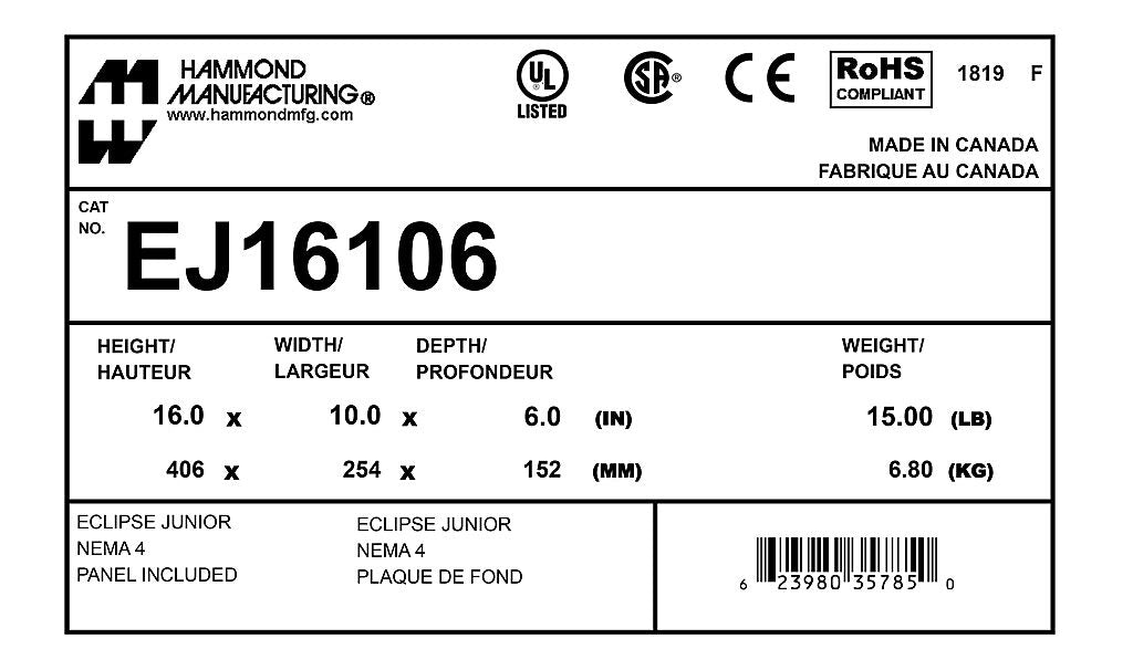 Hammond EJ16106 Circuit Breaker Enclosure | Eclipse Junior Series