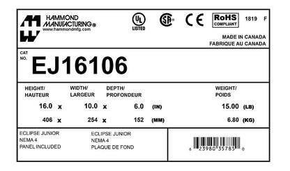 Hammond EJ16106 Circuit Breaker Enclosure | Eclipse Junior Series