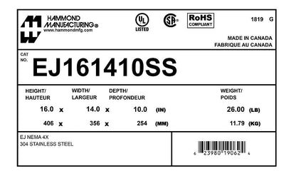 Hammond EJ161410SS Circuit Breaker Enclosure | UL 508A Type 3R 4 4X 12 13 CSA Type 3R 4 4X 12 13 NEMA Type 3R 4 4X 12 13 IEC 60529 IP66