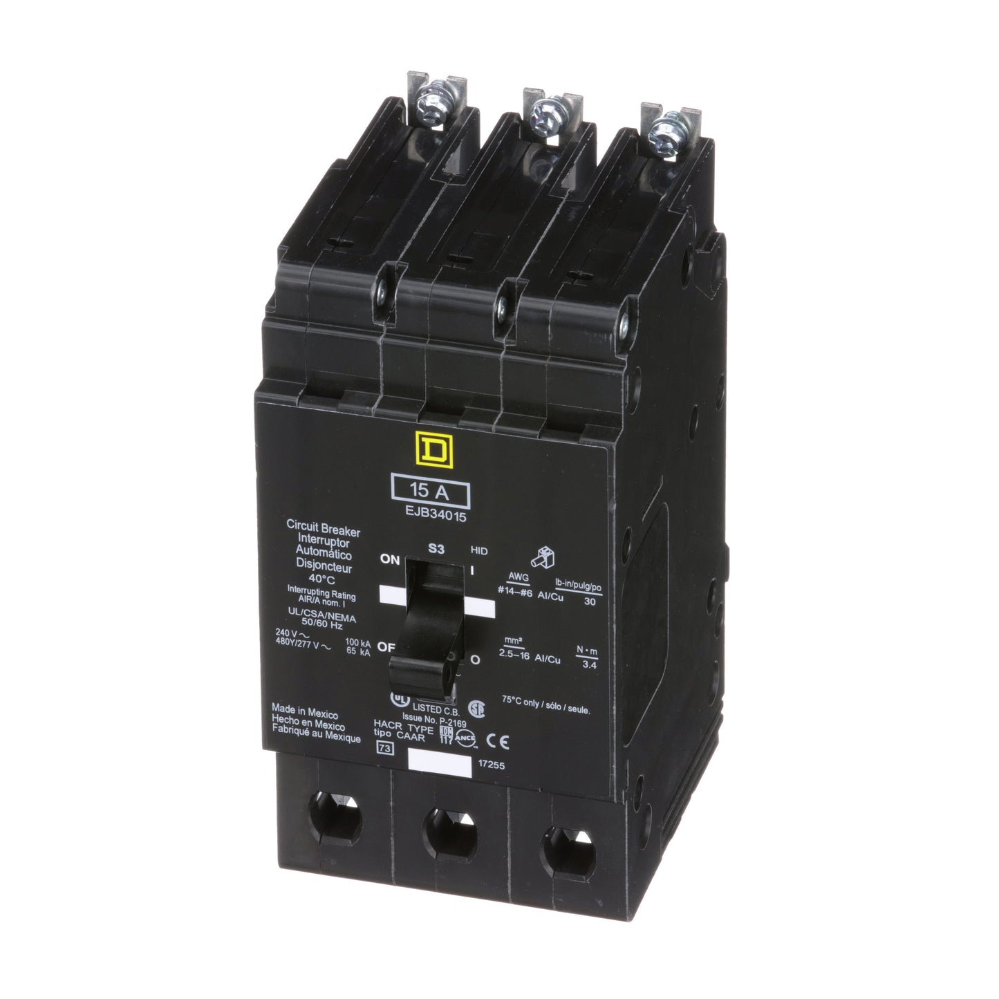 Square D EJB34015 Circuit Breaker | 480V 15A 3P 65kA@480V Bolt-On EJB Series