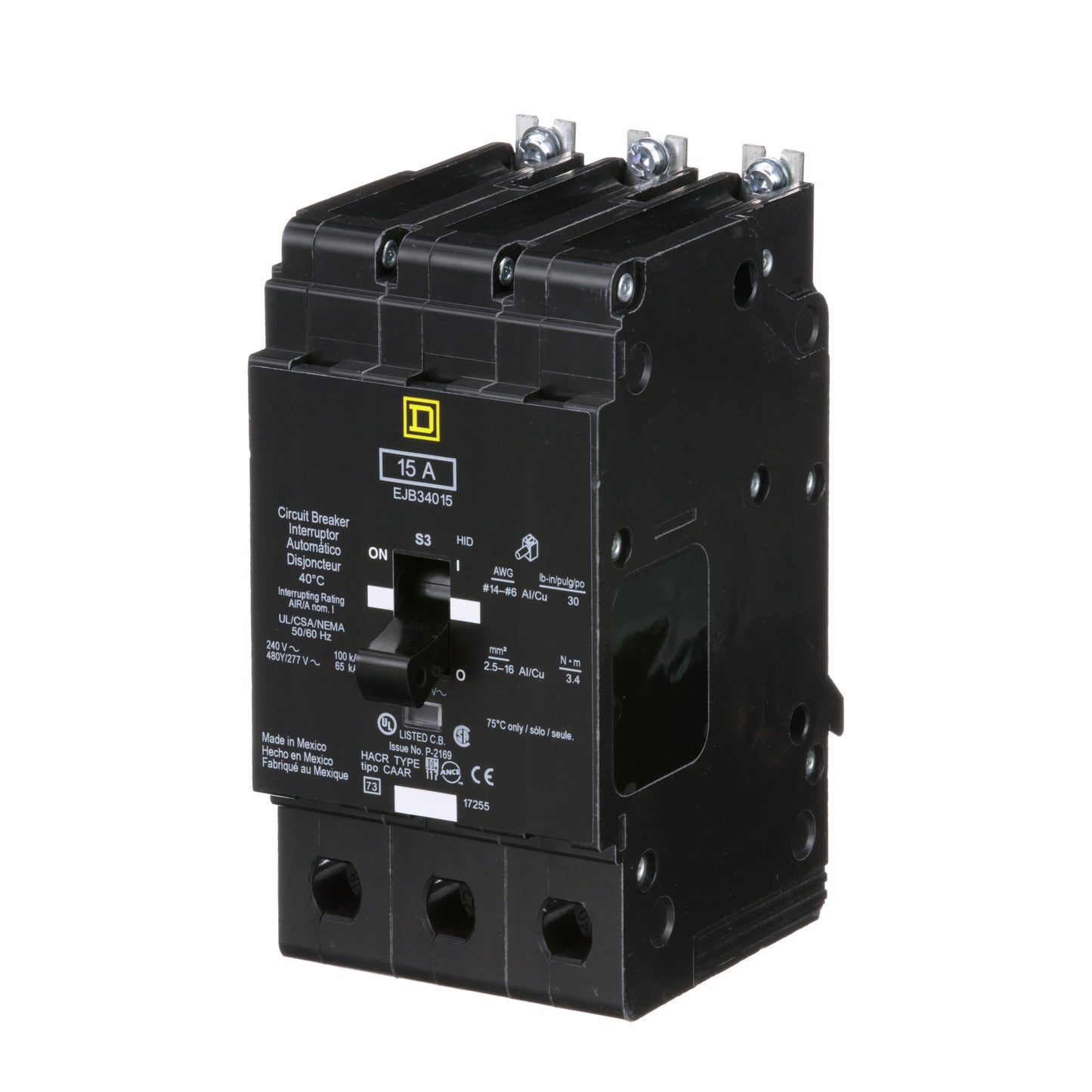 Square D EJB34015 Circuit Breaker | 480V 15A 3P 65kA@480V Bolt-On EJB Series