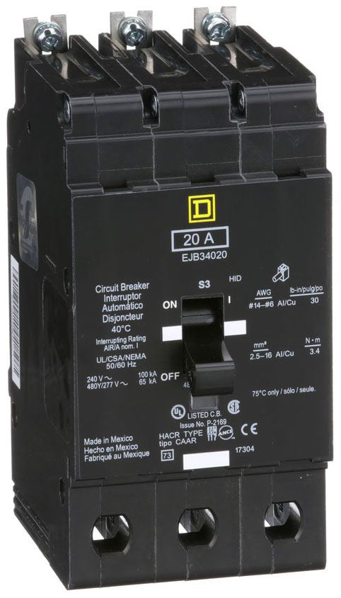 EJB34020 - Square D/ Schneider Electric Bolt-On 20 Amp 3 Pole Circuit Breaker - Essential Electric Supply