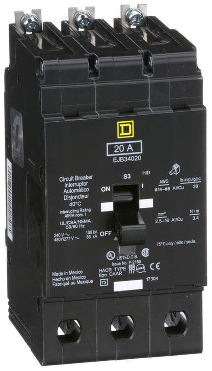 EJB34020 - Square D/ Schneider Electric Bolt-On 20 Amp 3 Pole Circuit Breaker - Essential Electric Supply