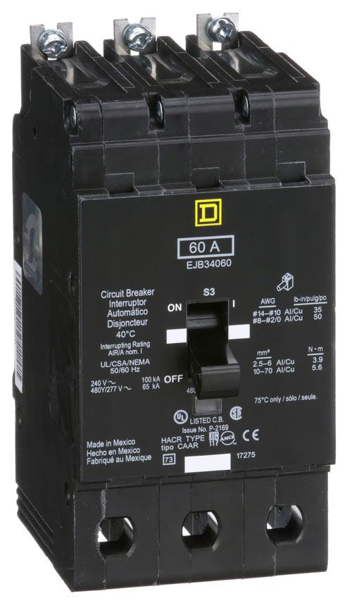 EJB34060 - Schneider Electric/ Square D Bolt-On 60 Amp 3 Pole Circuit Breaker - Essential Electric Supply