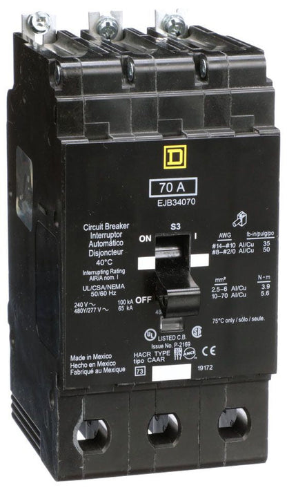 EJB34070 - Schneider Electric/ Square D Bolt-On 70 Amp 3 Pole Circuit Breaker - Essential Electric Supply