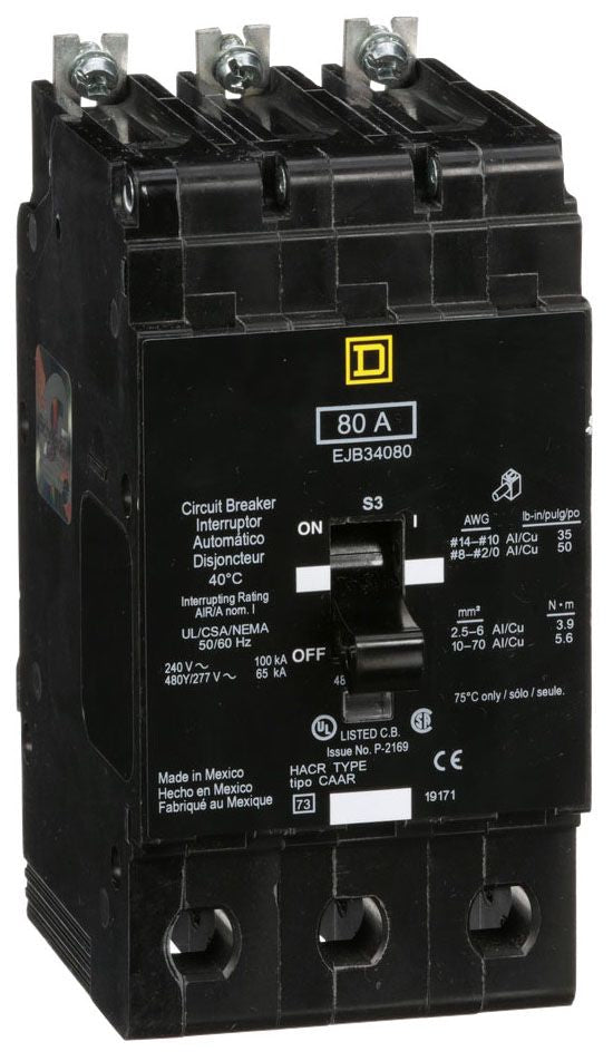 EJB34080 - Schneider Electric/ Square D Bolt-On 80 Amp 3 Pole Circuit Breaker - Essential Electric Supply