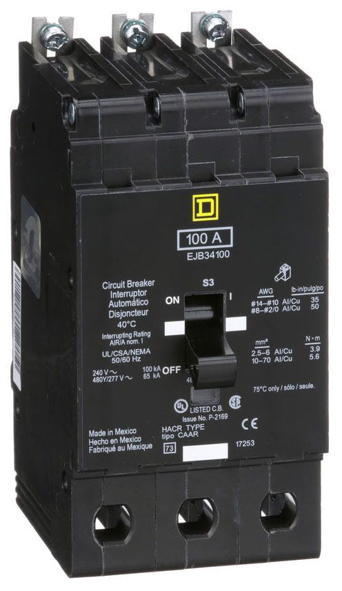 EJB34100 - Schneider Electric/ Square D Bolt-On 100 Amp 3 Pole Circuit Breaker - Essential Electric Supply