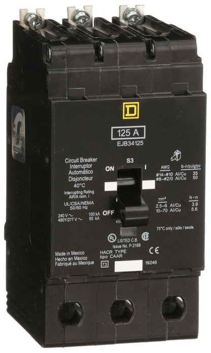 EJB34125 - Schneider Electric/ Square D Bolt-On 125 Amp 3 Pole Circuit Breaker - Essential Electric Supply