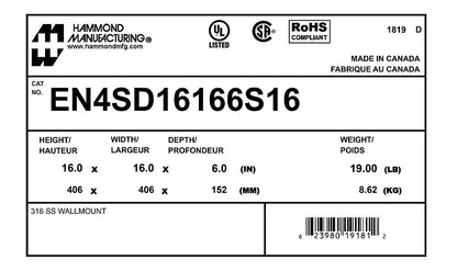 Hammond EN4SD16166S16 Circuit Breaker Enclosure | UL 508A Type 3R 4 4X 12 CSA Type 3R 4 4X 12 NEMA 3R 4 4X 12 13 IEC 60529 IP 66
