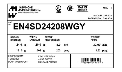 Hammond EN4SD24208WGY Circuit Breaker Enclosure | UL 508A Type 3R 4 12 CSA Type 3R 4 12 NEMA 3R 4 12 IEC 60529 IP66