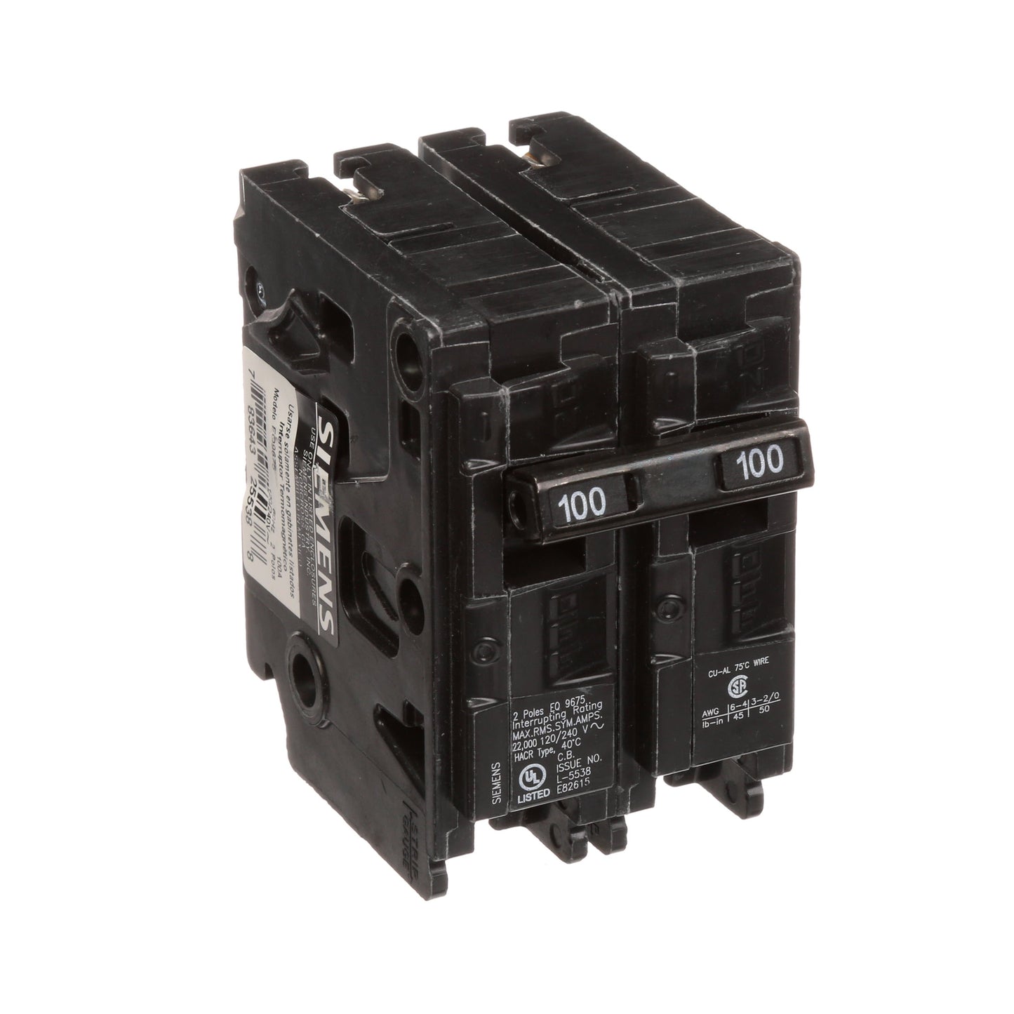 Siemens EQ9675 Circuit Breaker | 240V 100A 2P 22kA@240V Plug-In EQ Series