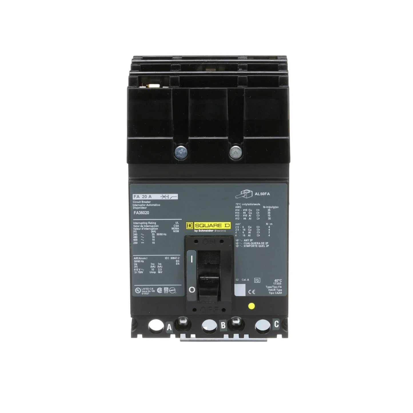 Square D FA36020 Circuit Breaker | 600V 20A 3P 18kA@480V I-Line