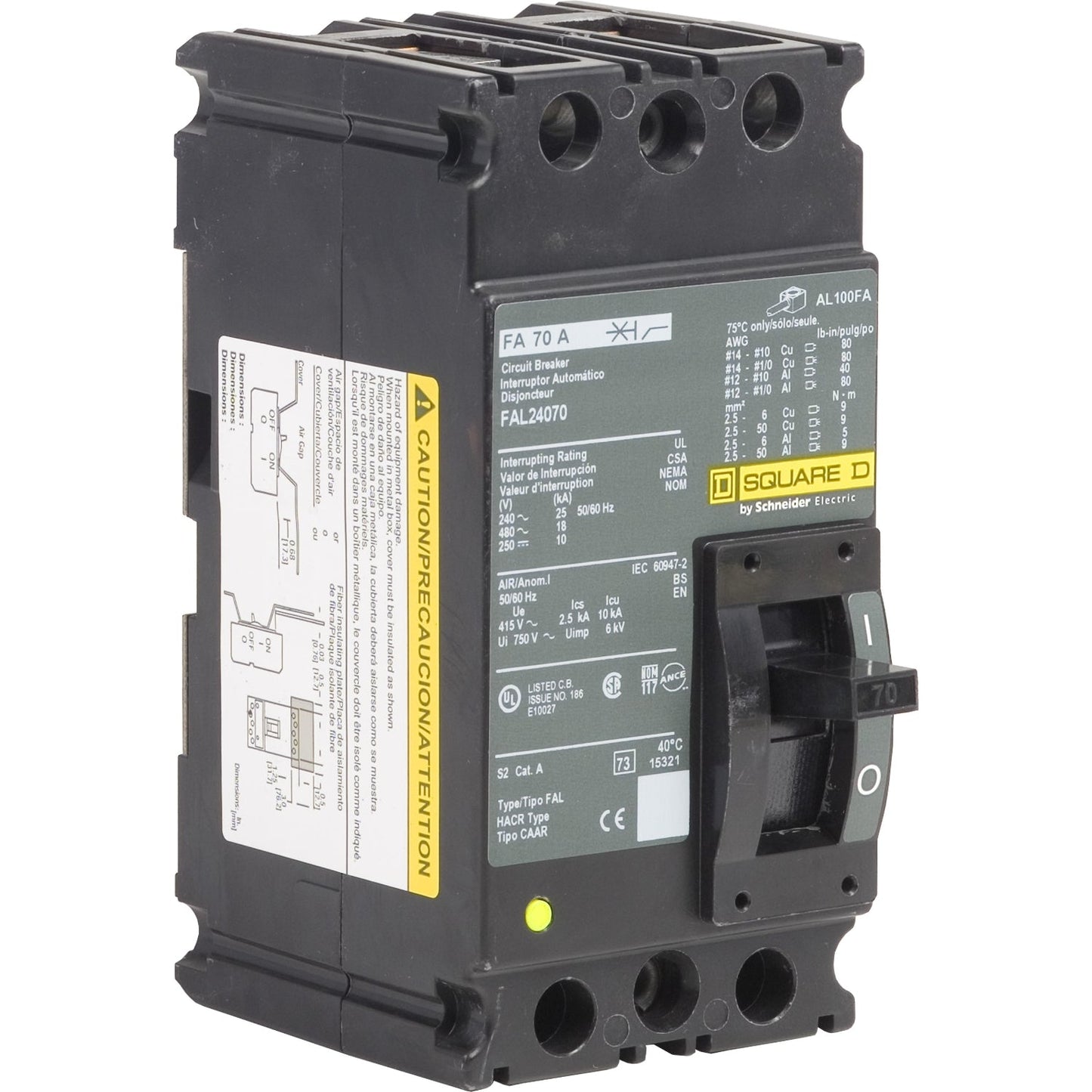 Square D FAL24070 Circuit Breaker | 480V 70A 2P 18kA@480V Feed-Thru FAL Series