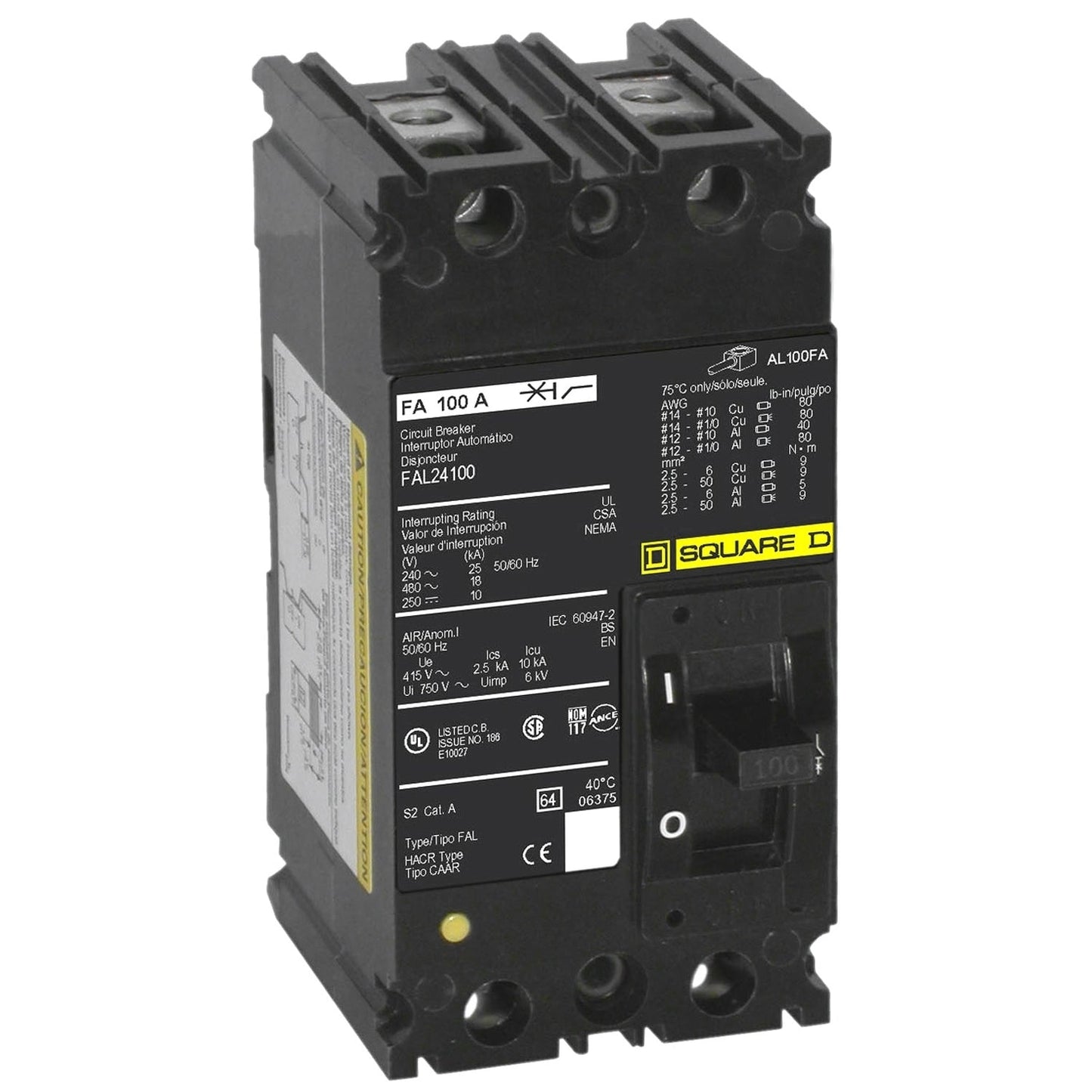 Square D FAL24100 Circuit Breaker | 480V 100A 2P 18kA@480V Feed-Thru FAL Series