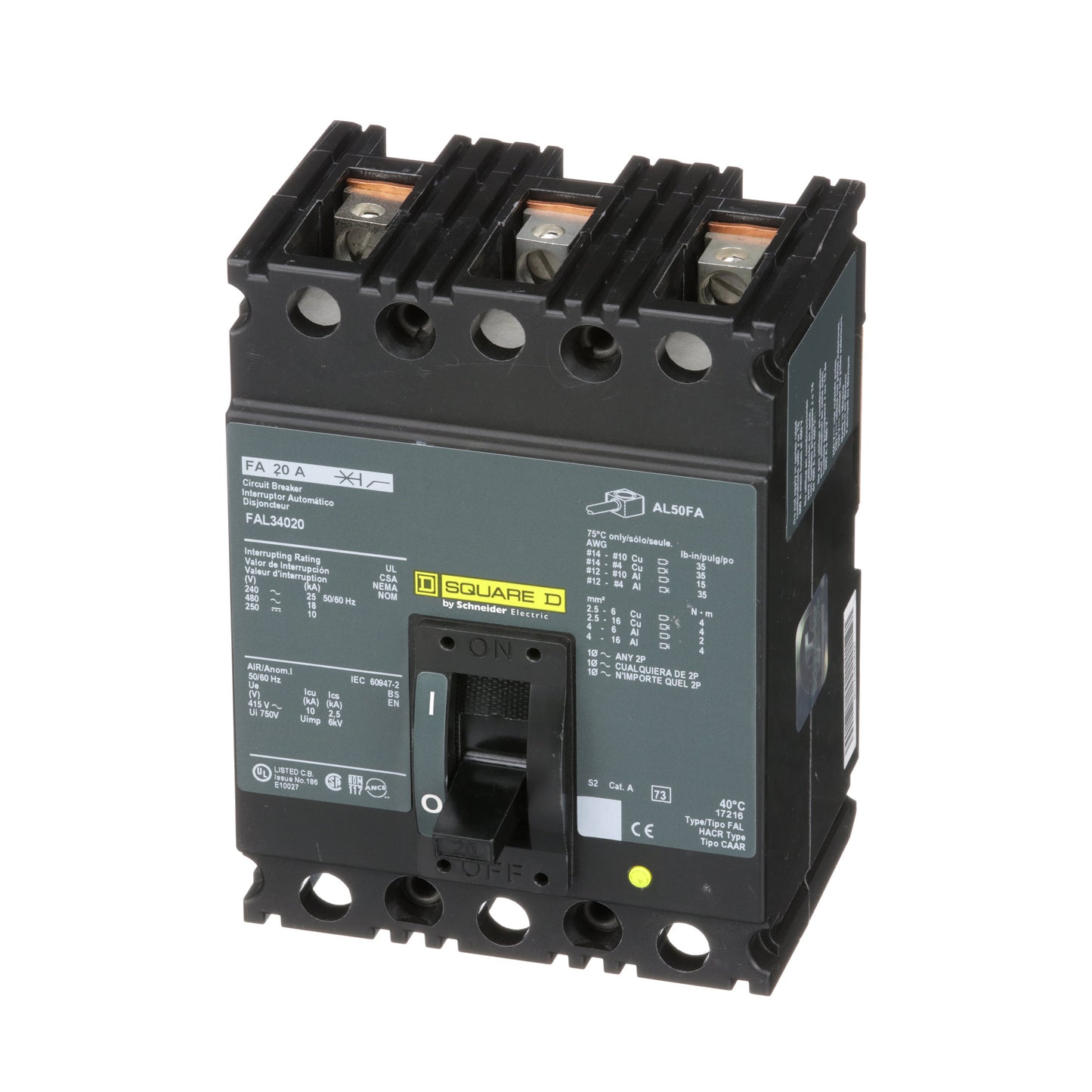 Square D FAL34020 Circuit Breaker | 480V 20A 3P 18kA@480V Feed-Thru FAL Series