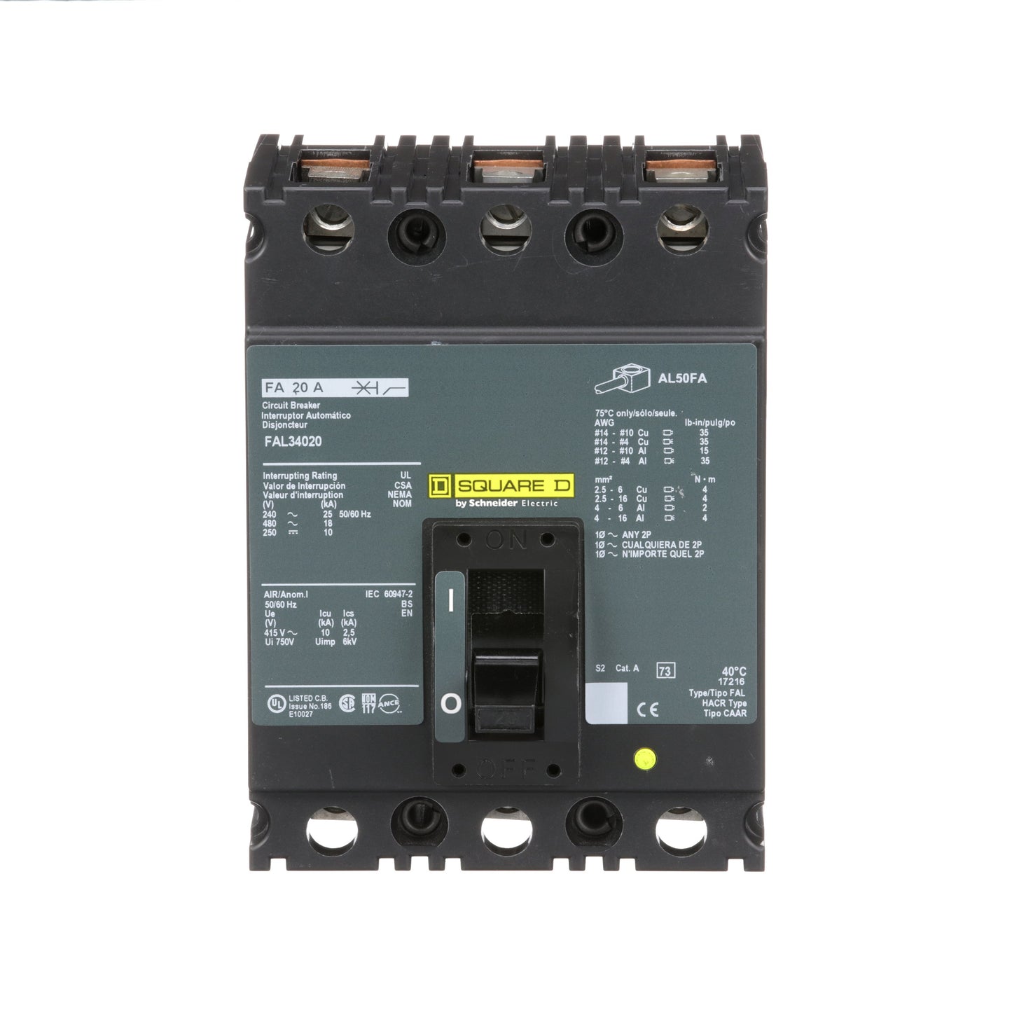 Square D FAL34020 Circuit Breaker | 480V 20A 3P 18kA@480V Feed-Thru FAL Series