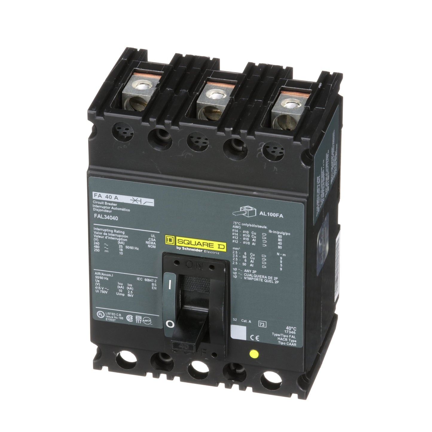 Square D FAL34040 Circuit Breaker | 480V 40A 3P 18kA@480V Feed-Thru FAL Series