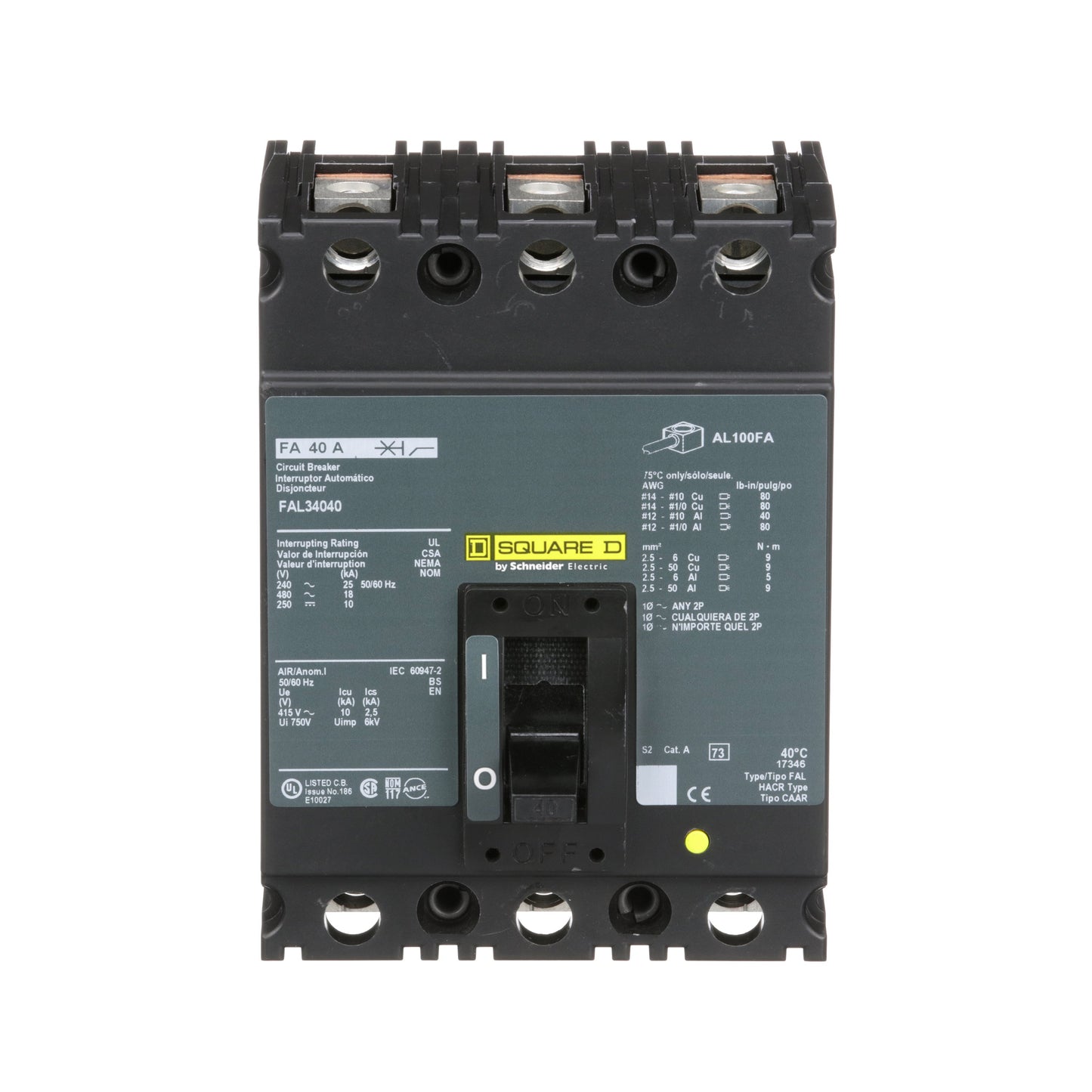 Square D FAL34040 Circuit Breaker | 480V 40A 3P 18kA@480V Feed-Thru FAL Series