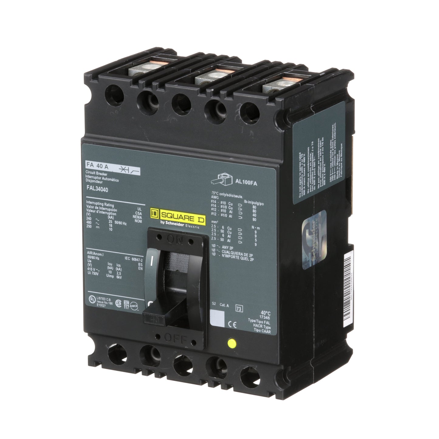 Square D FAL34040 Circuit Breaker | 480V 40A 3P 18kA@480V Feed-Thru FAL Series