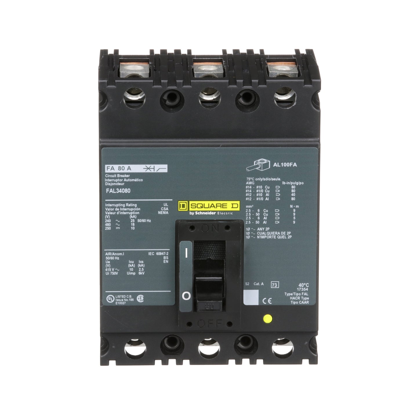 Square D FAL34080 Circuit Breaker | 480V 80A 3P 18kA@480V Feed-Thru FAL Series