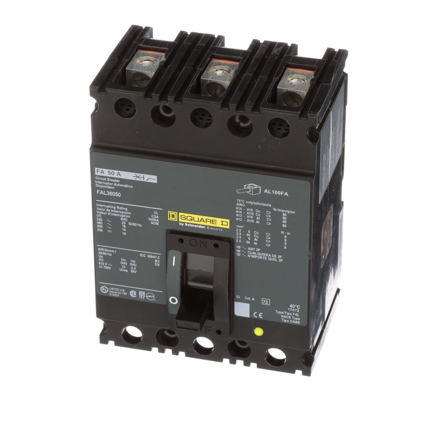 Square D FAL36050 Circuit Breaker | 600V 50A 3P 18kA@480V Feed-Thru FAL Series