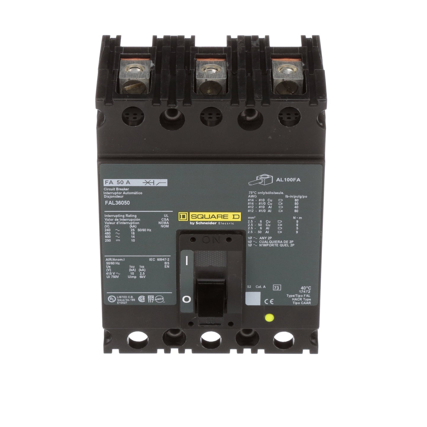 Square D FAL36050 Circuit Breaker | 600V 50A 3P 18kA@480V Feed-Thru FAL Series