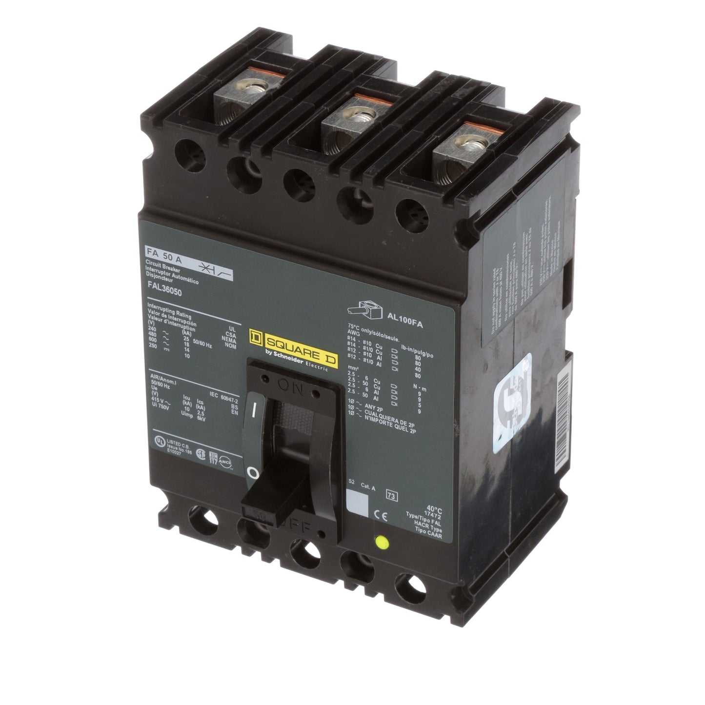 Square D FAL36050 Circuit Breaker | 600V 50A 3P 18kA@480V Feed-Thru FAL Series