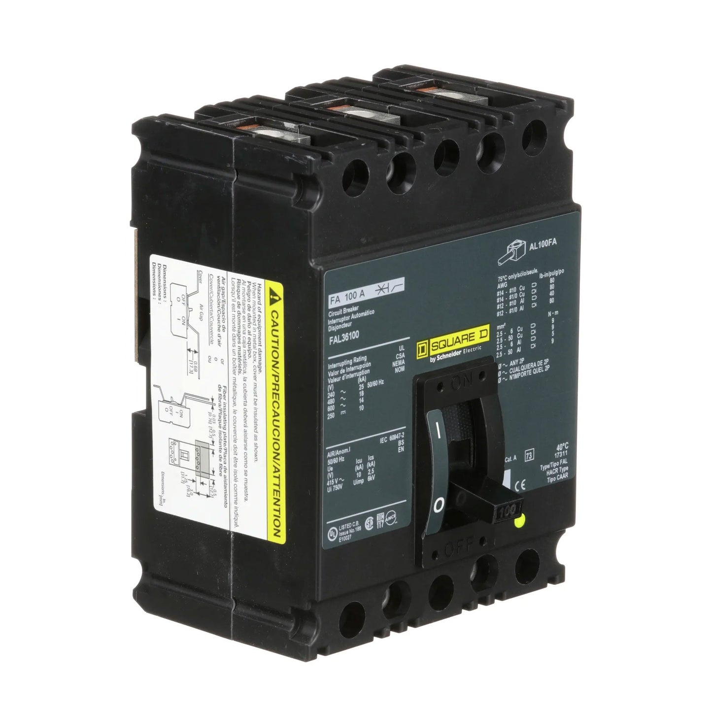 Square D FAL36100 Circuit Breaker | 600V 100A 3P 18kA@480V Feed-Thru FAL Series