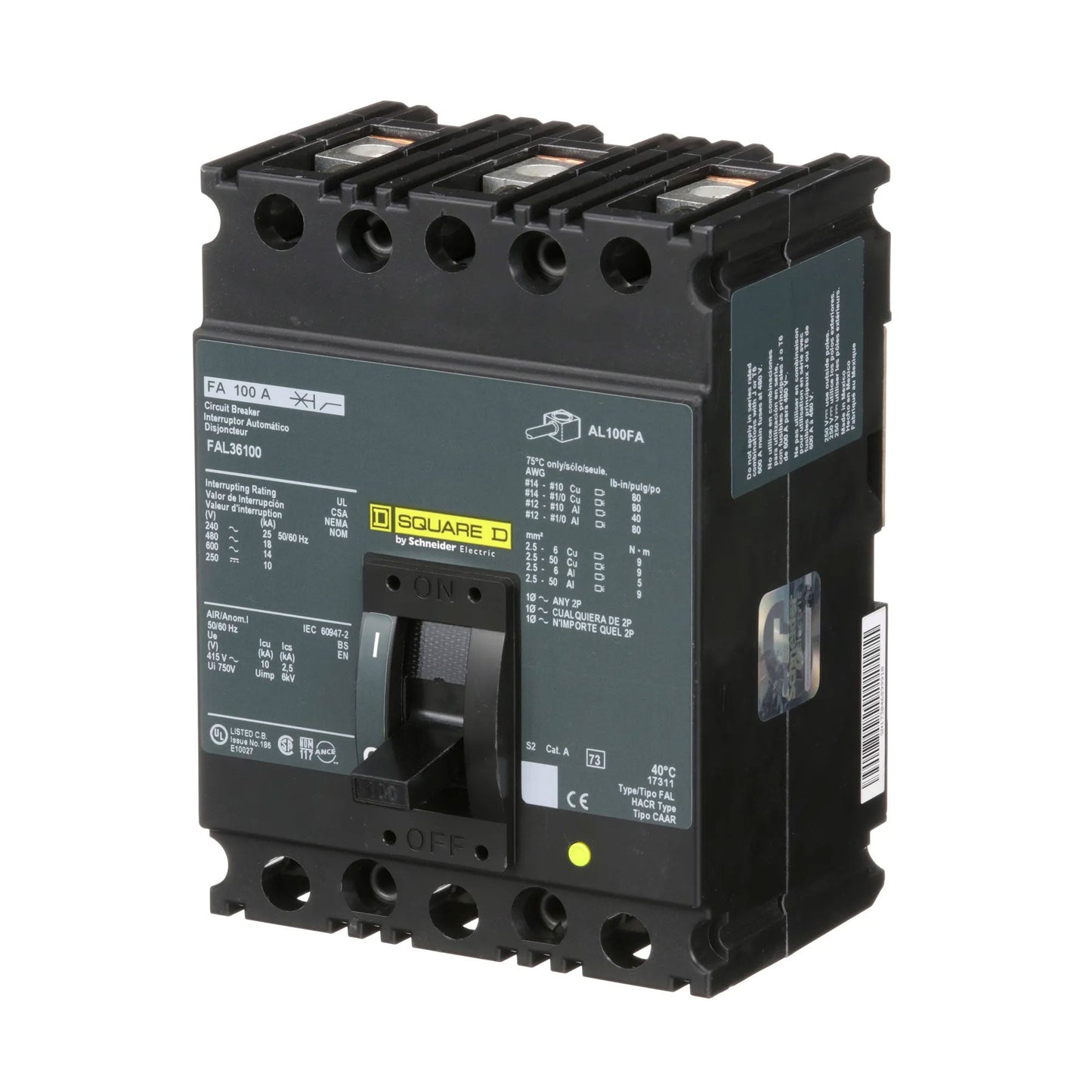 Square D FAL36100 Circuit Breaker | 600V 100A 3P 18kA@480V Feed-Thru FAL Series