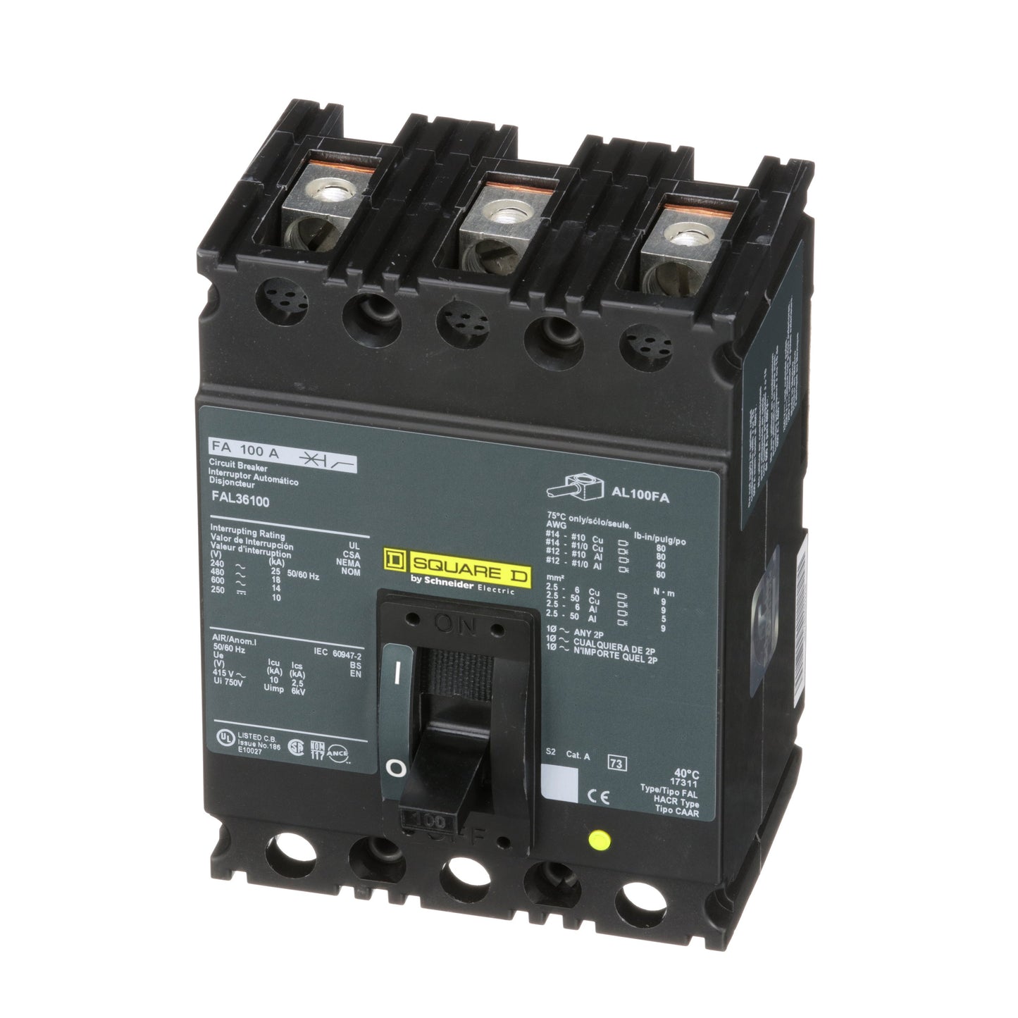 Square D FAL36100 Circuit Breaker | 600V 100A 3P 18kA@480V Feed-Thru FAL Series