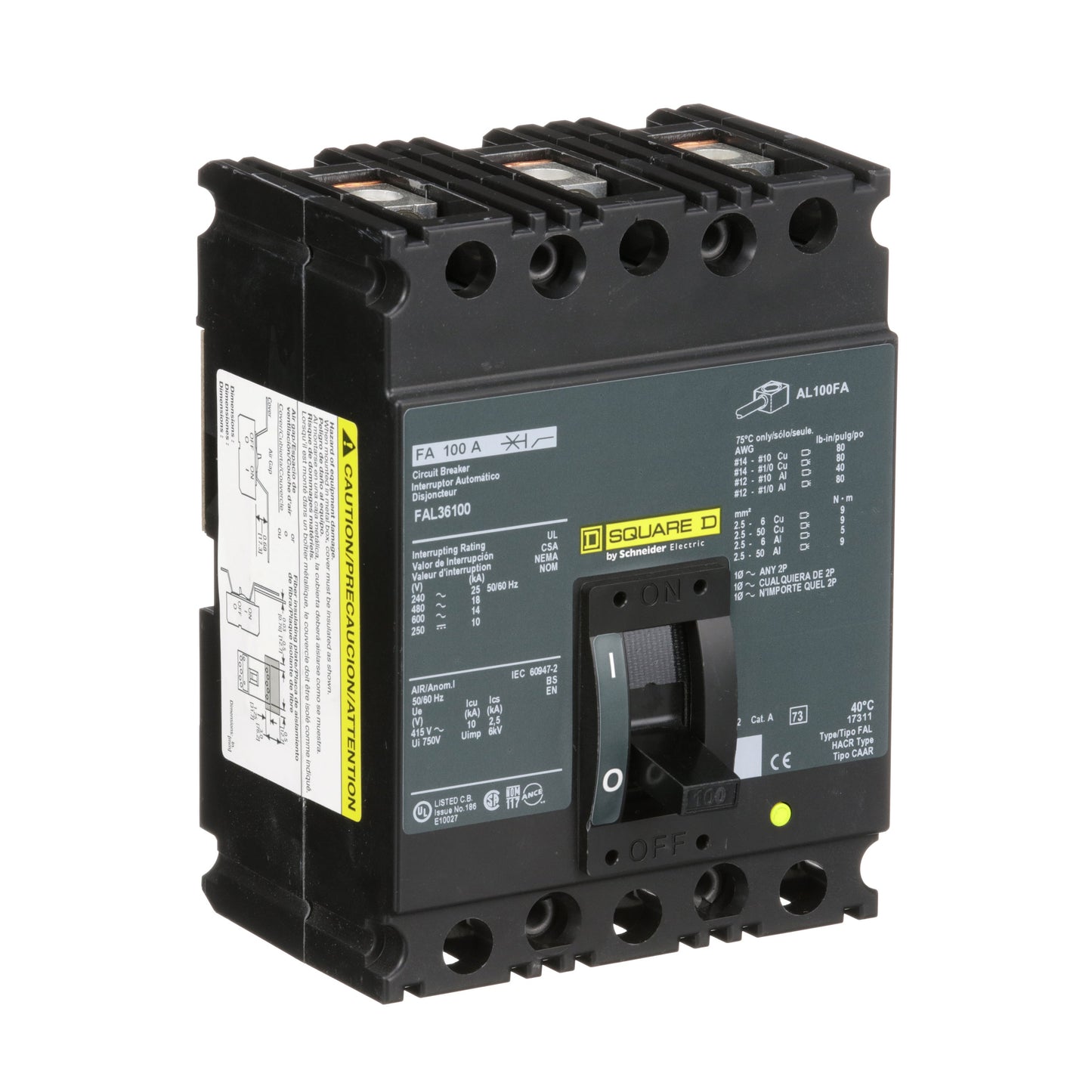 Square D FAL36100 Circuit Breaker | 600V 100A 3P 18kA@480V Feed-Thru FAL Series