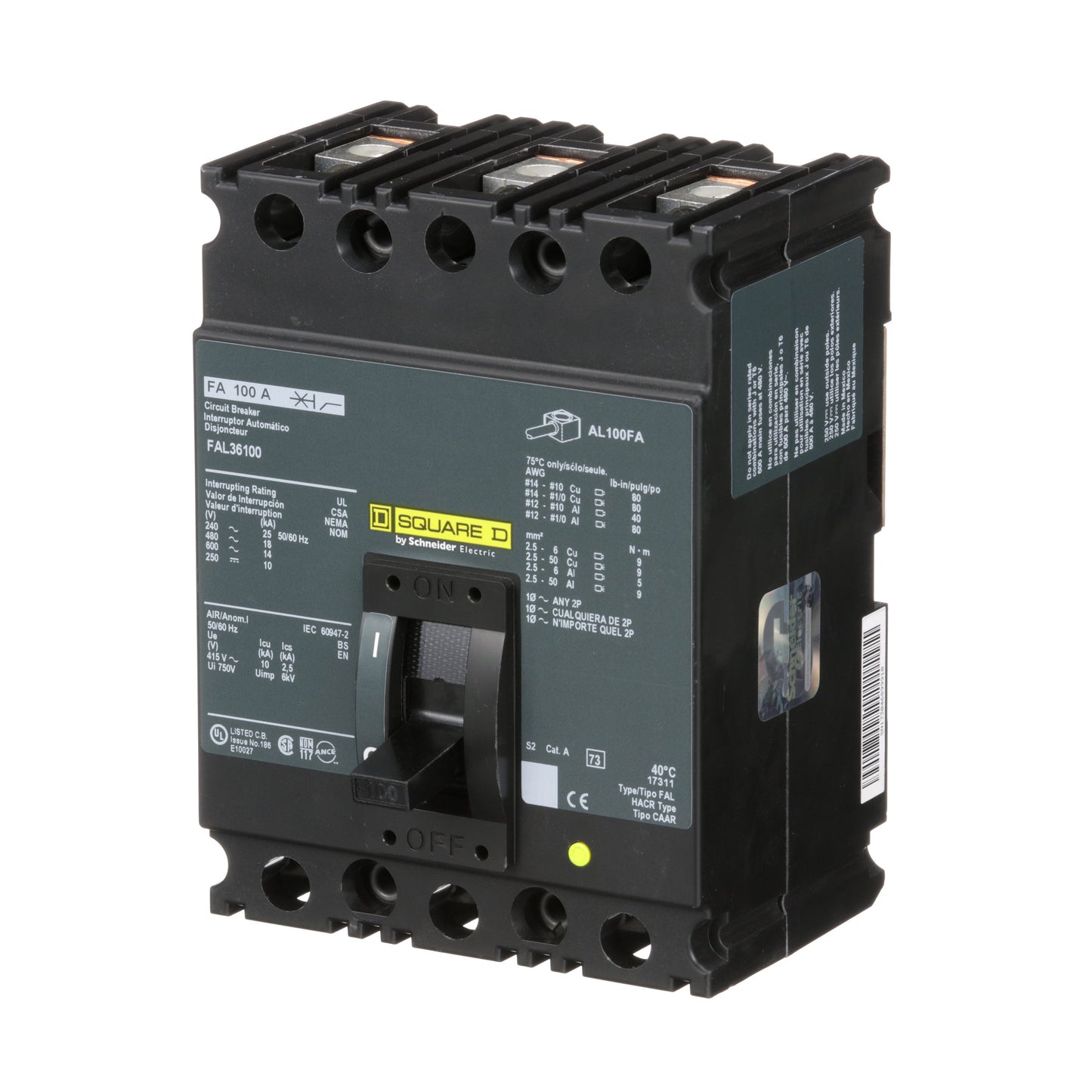 Square D FAL36100 Circuit Breaker | 600V 100A 3P 18kA@480V Feed-Thru FAL Series