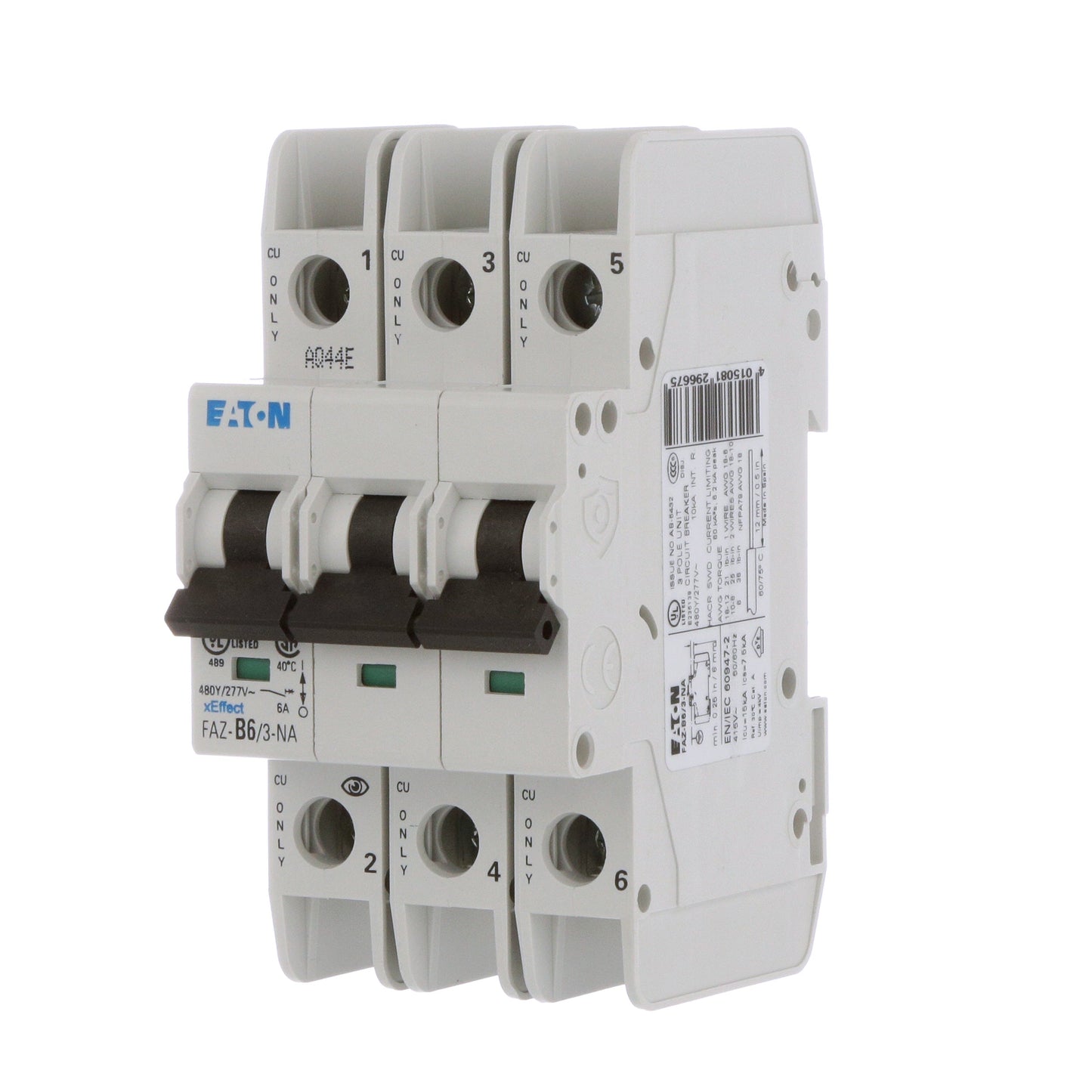 Eaton FAZ-B6/3-NA Circuit Breaker | 480V 6A 3P 10kA@277/480V Feed-Thru FAZ Series