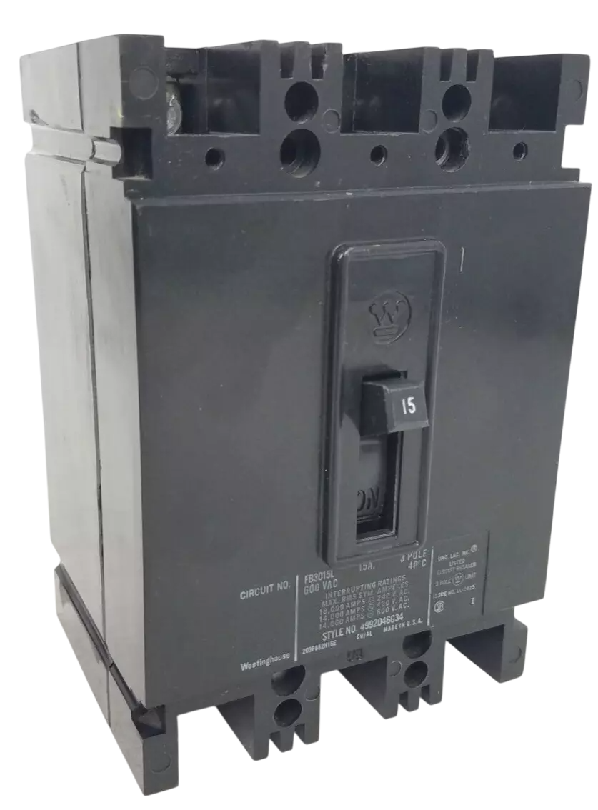 Westinghouse FB3015L Circuit Breaker | 600V 15A 3P 14kA@480V Feed-Thru AB DE-ION