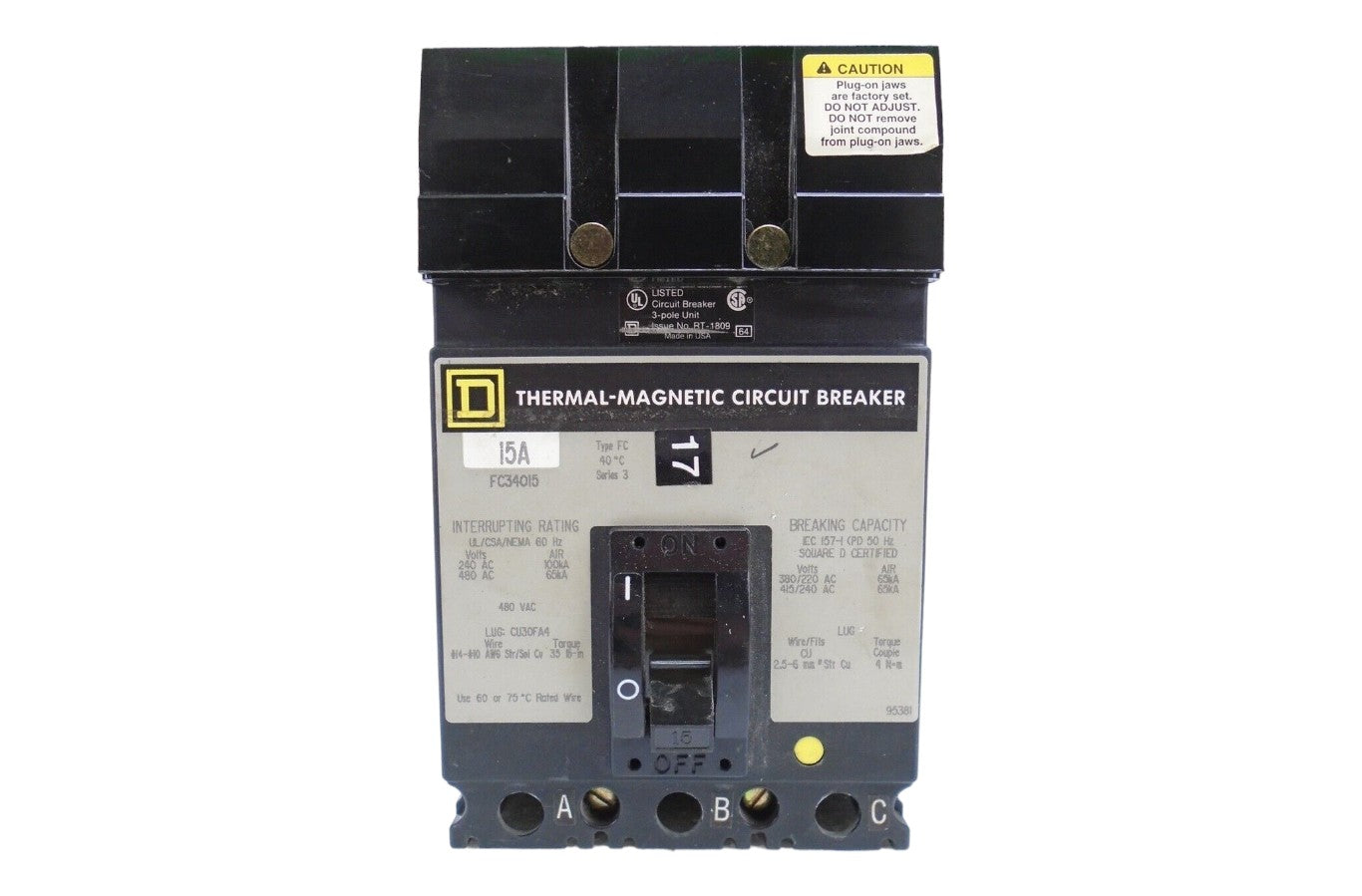 FC34015G - Square D I-Line Style Plug-In 480V 15A 3 pole circuit breaker 65kA@480V - Essential Electric Supply