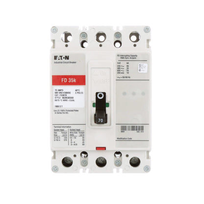 Eaton FD3070 Molded Case Circuit Breaker | 600V 70A 3P 35kA@480V Bolt-On Series C