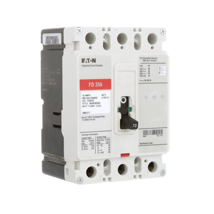 Eaton FD3070 Molded Case Circuit Breaker | 600V 70A 3P 35kA@480V Bolt-On Series C