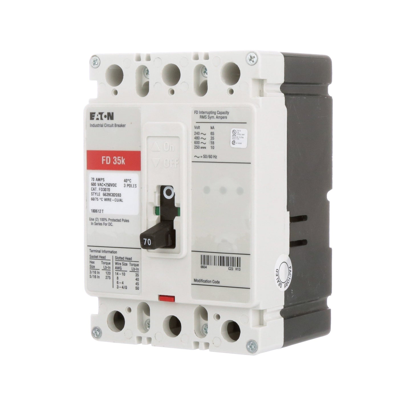 Eaton FD3070 Molded Case Circuit Breaker | 600V 70A 3P 35kA@480V Bolt-On Series C