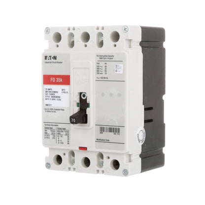 Eaton FD3070 Molded Case Circuit Breaker | 600V 70A 3P 35kA@480V Bolt-On Series C