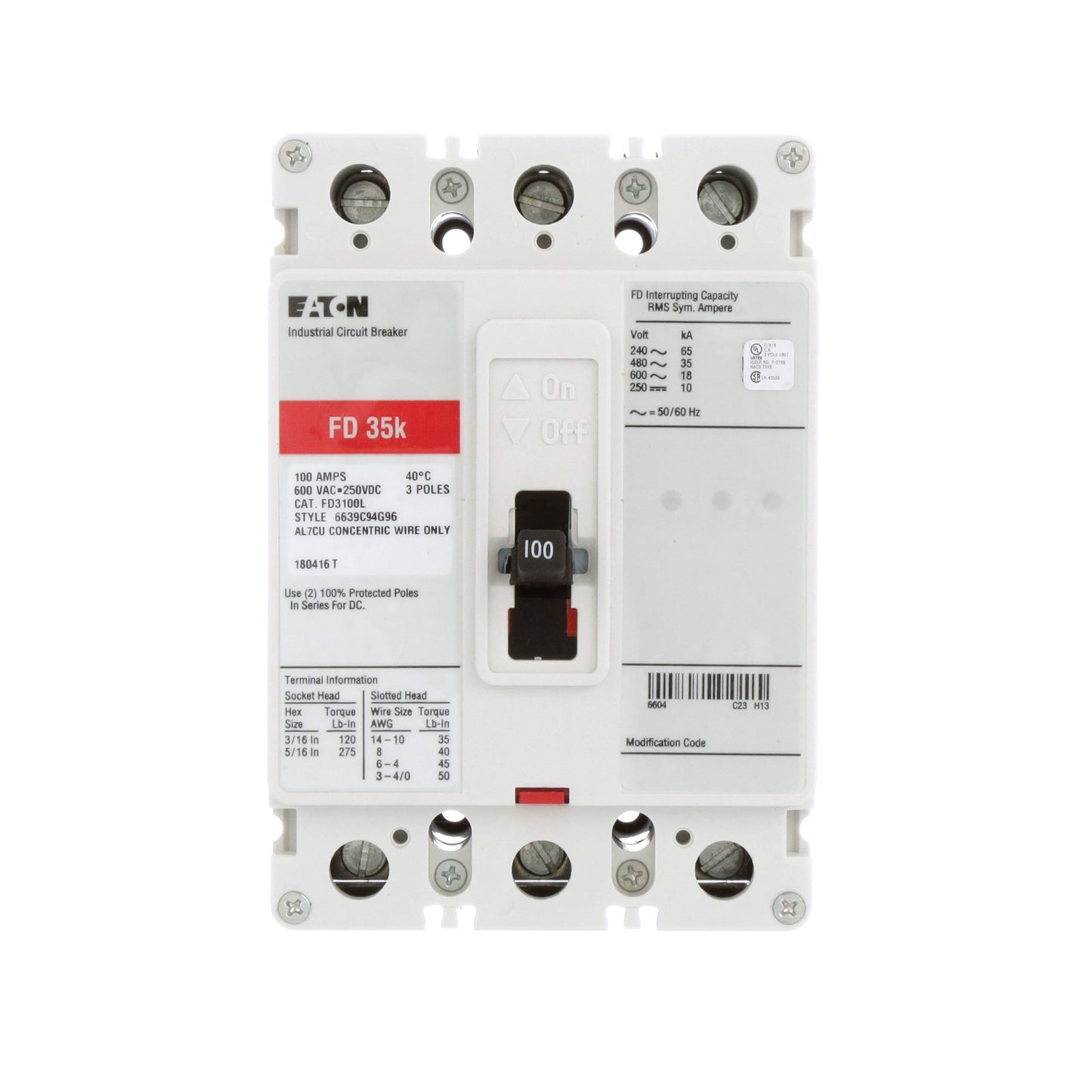 Cutler Hammer FD3100L Circuit Breaker | Series C FD 600V 100A